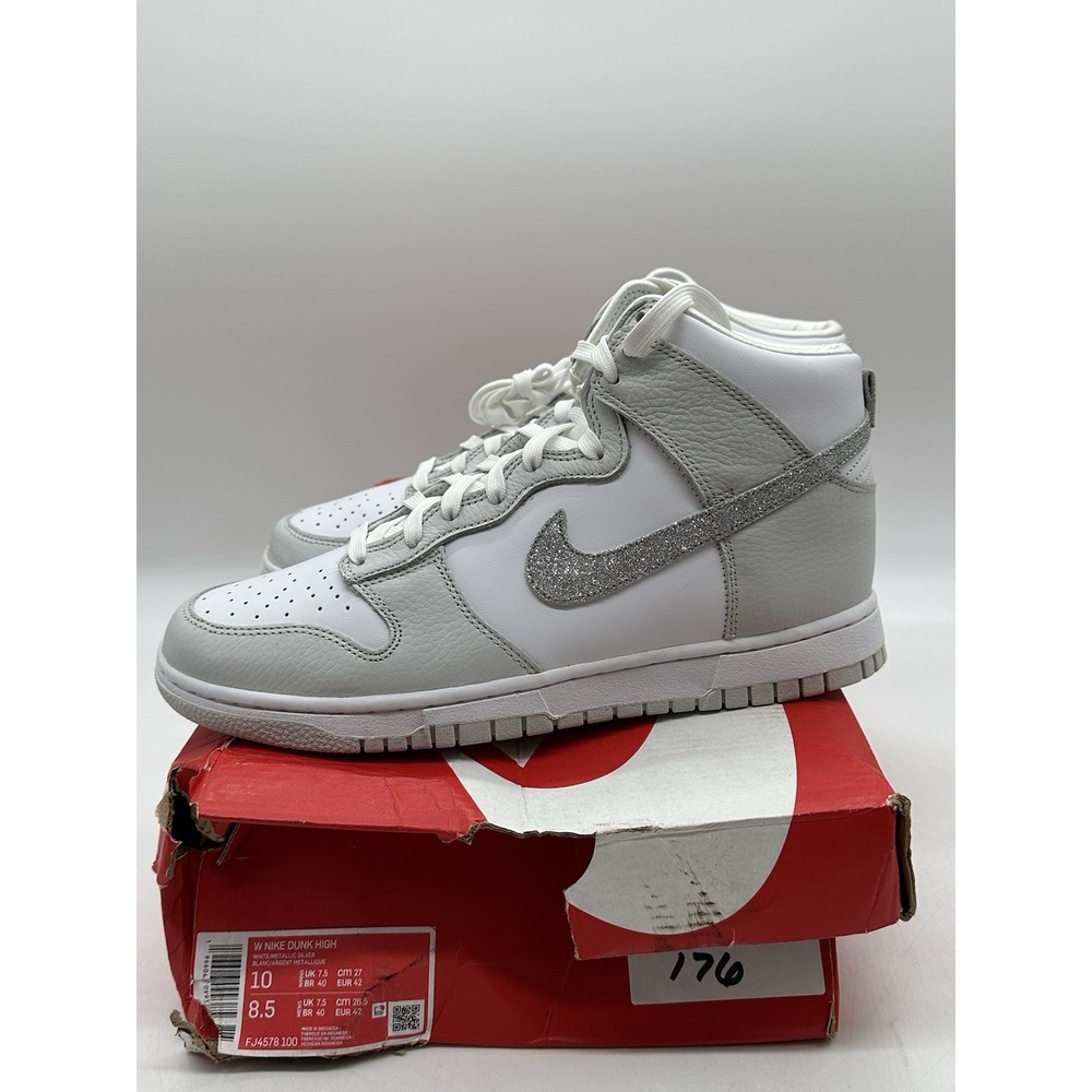 DMG Box Nike Dunk High 'Silver Glitter Swoosh' White Sneakers, Wmn 10 FJ4578-100 - Picture 3 of 12